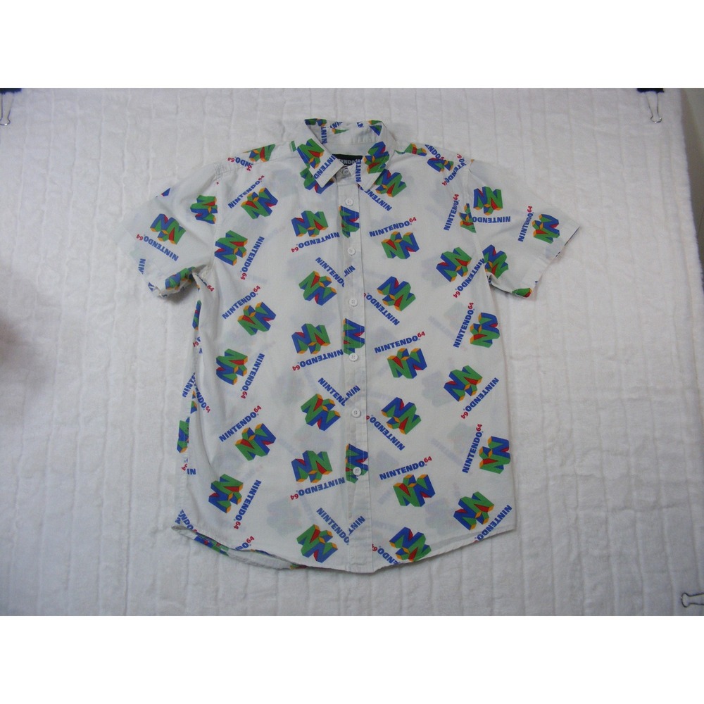 Nintendo 64 Button Down Shirt Mens Medium White Excellent Retro All Over Print